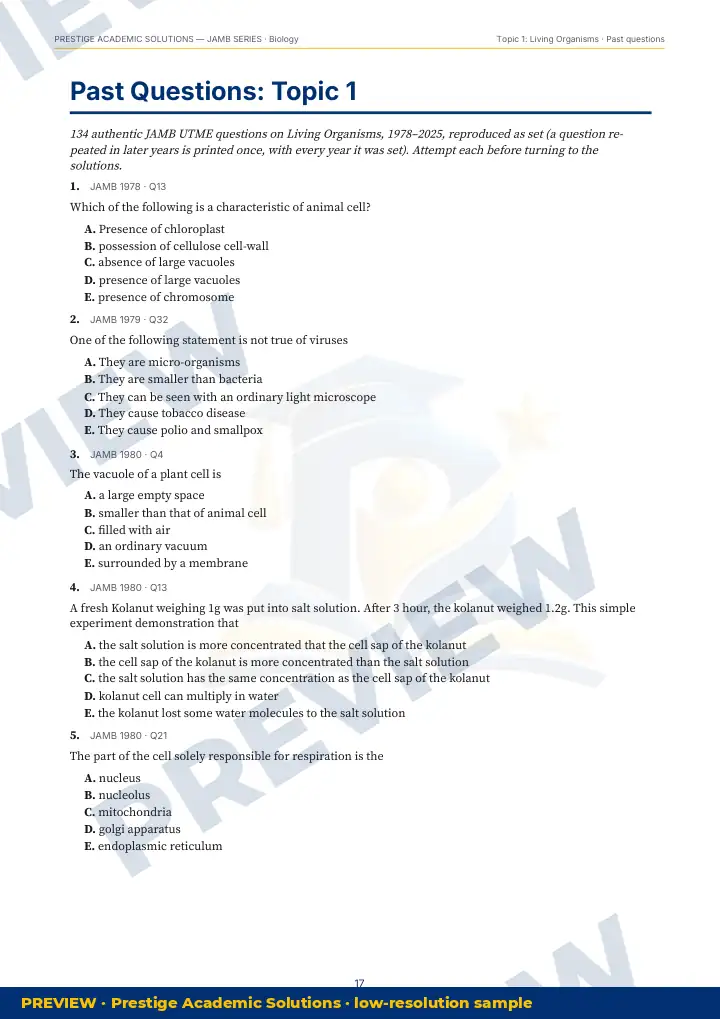 Preview page: Past questions, topic by topic — Biology — JAMB UTME Series