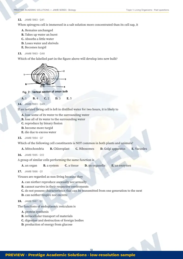 Preview page: Past questions with exam & year — Biology — JAMB UTME Series
