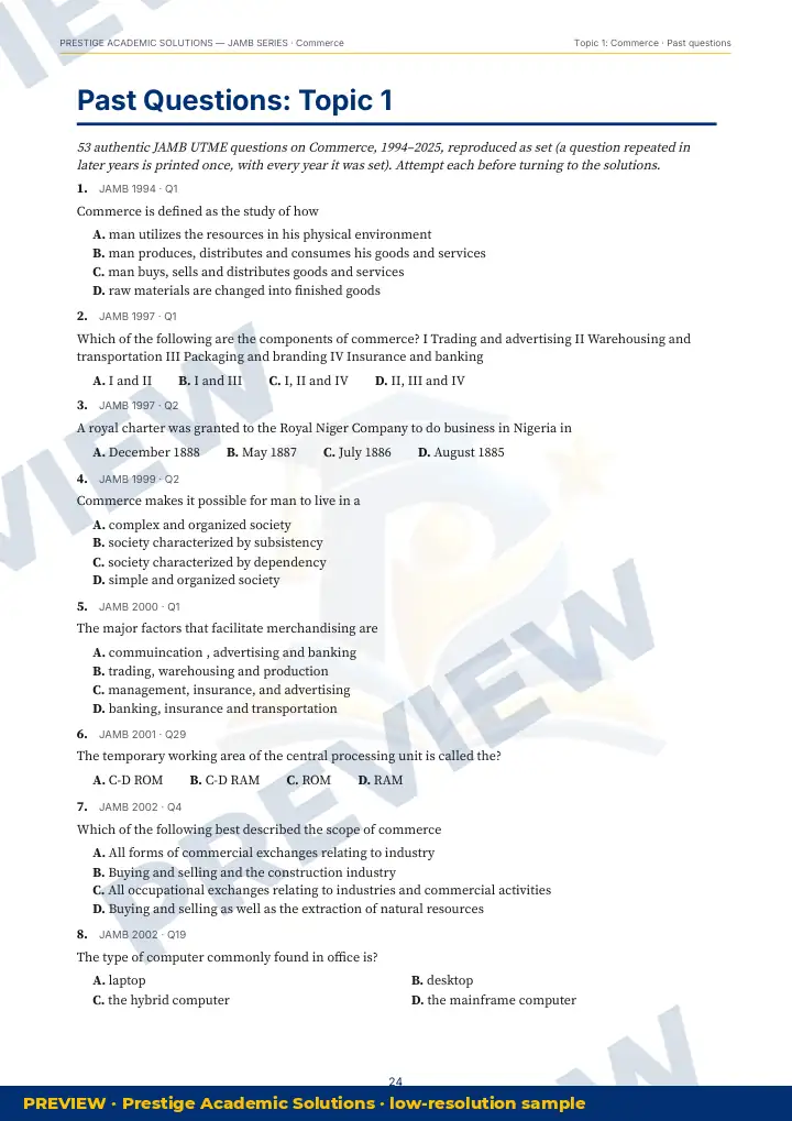 Preview page: Past questions, topic by topic — Commerce — JAMB UTME Series