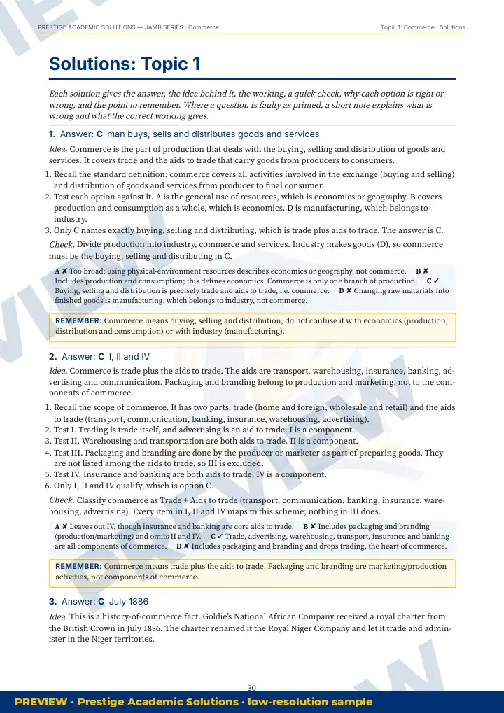 Preview page: Detailed solutions — Commerce — JAMB UTME Series