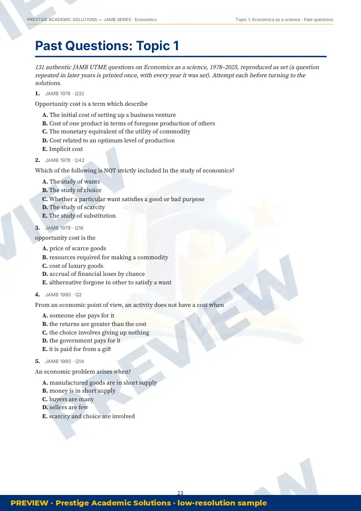 Preview page: Past questions, topic by topic — Economics — JAMB UTME Series