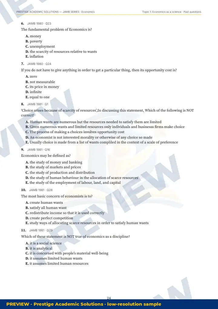 Preview page: Past questions with exam & year — Economics — JAMB UTME Series