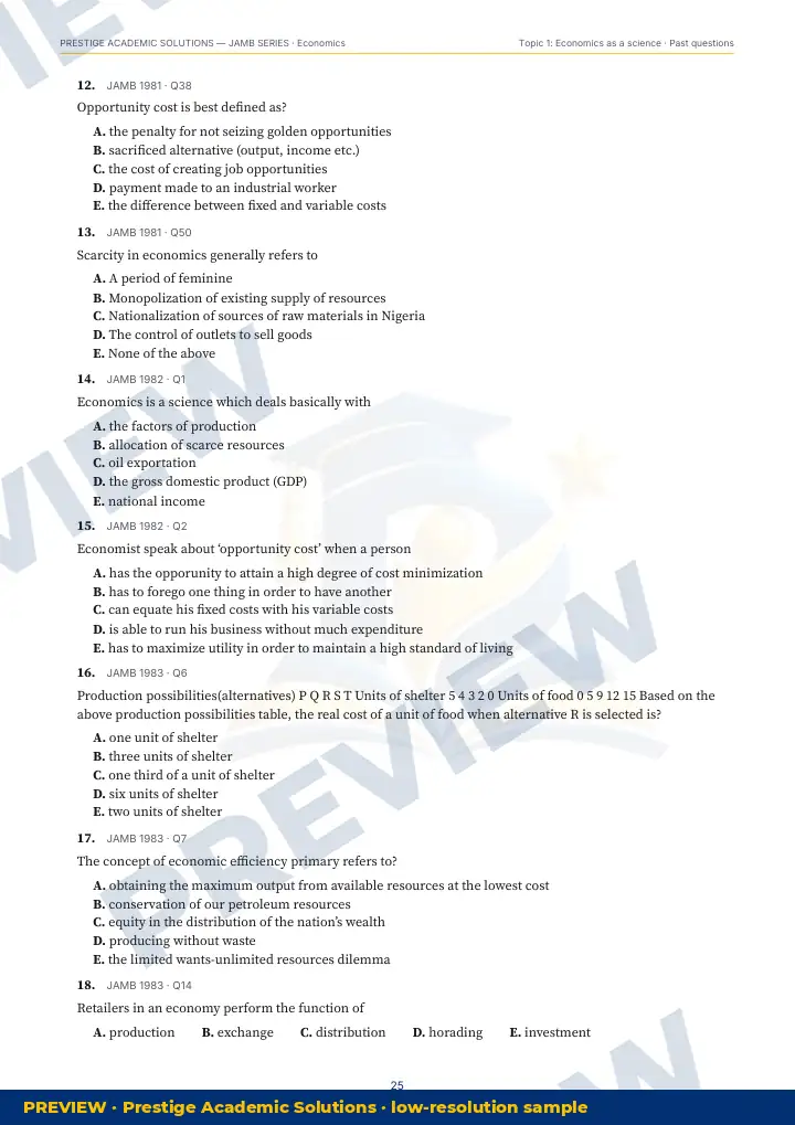 Preview page: Past questions with exam & year — Economics — JAMB UTME Series