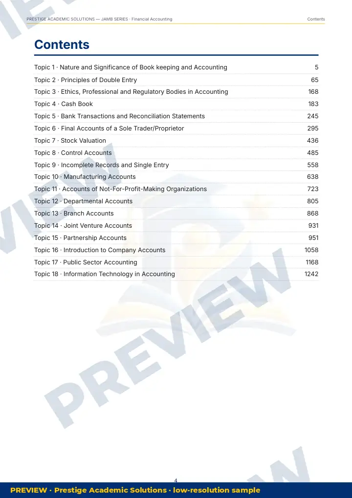 Preview page: Contents — Financial Accounting — JAMB UTME Series
