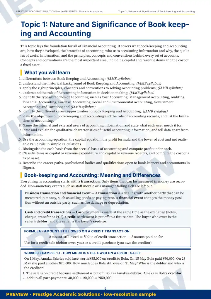 Preview page: Topic explanation — Financial Accounting — JAMB UTME Series