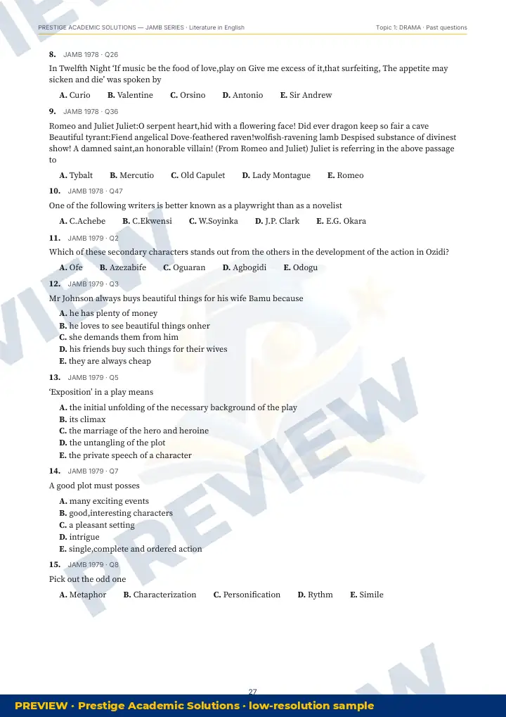 Preview page: Past questions with exam & year — Literature in English — JAMB UTME Series