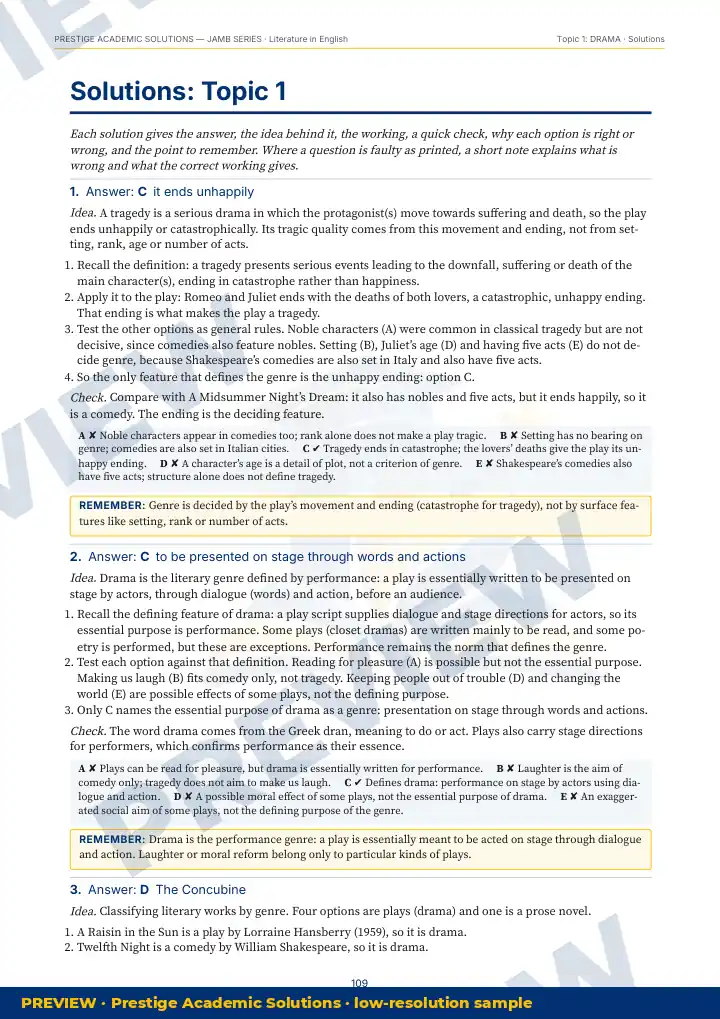 Preview page: Detailed solutions — Literature in English — JAMB UTME Series