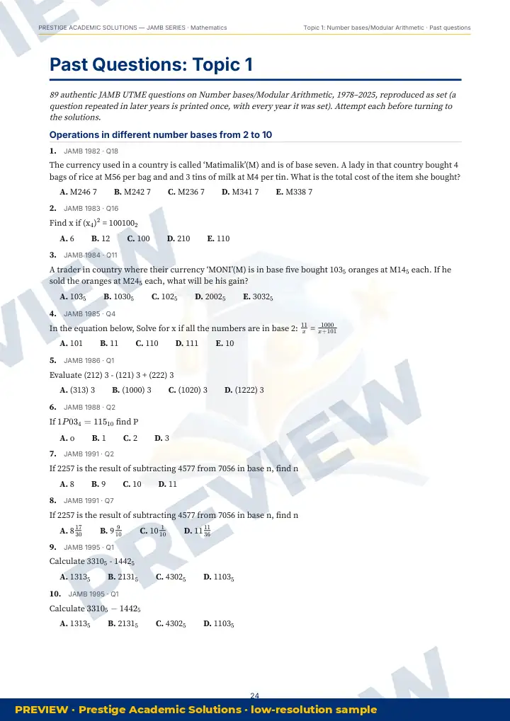 Preview page: Past questions, topic by topic — Mathematics — JAMB UTME Series