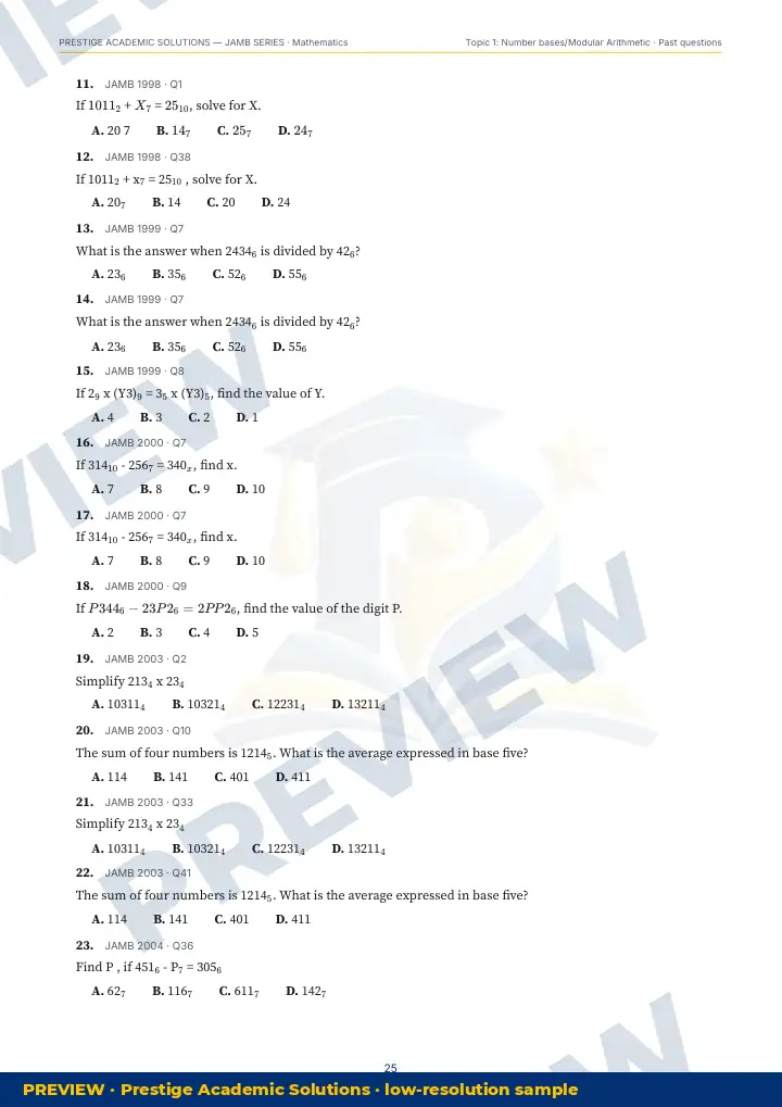 Preview page: Past questions with exam & year — Mathematics — JAMB UTME Series