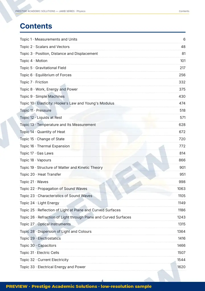 Preview page: Contents — Physics — JAMB UTME Series