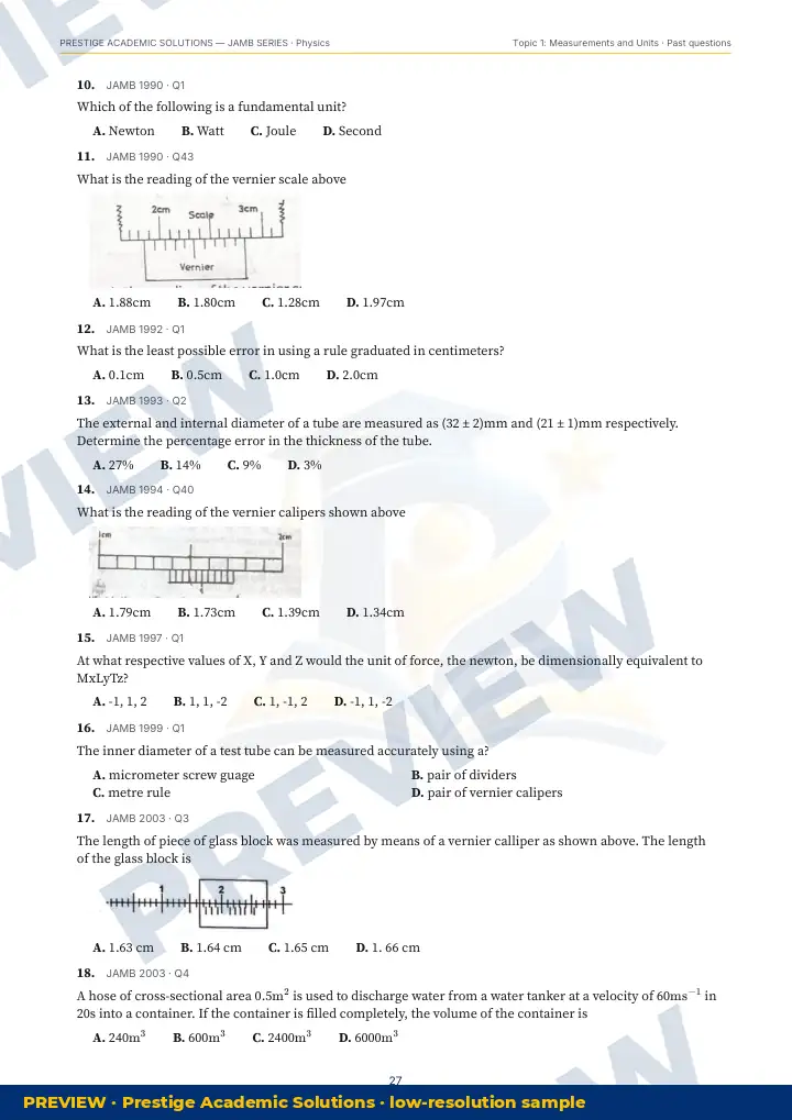 Preview page: Past questions with exam & year — Physics — JAMB UTME Series