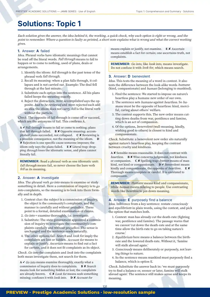 Preview page: Detailed solutions — Use of English — JAMB UTME Series