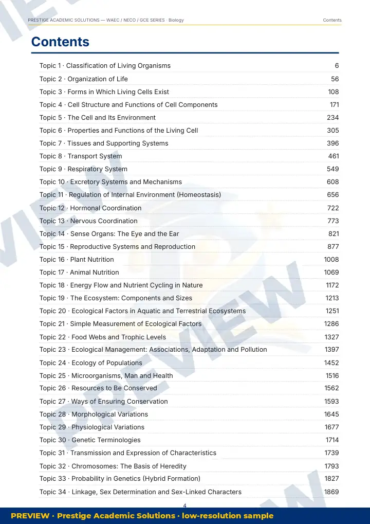 Preview page: Contents — Biology — WAEC / NECO / GCE Series