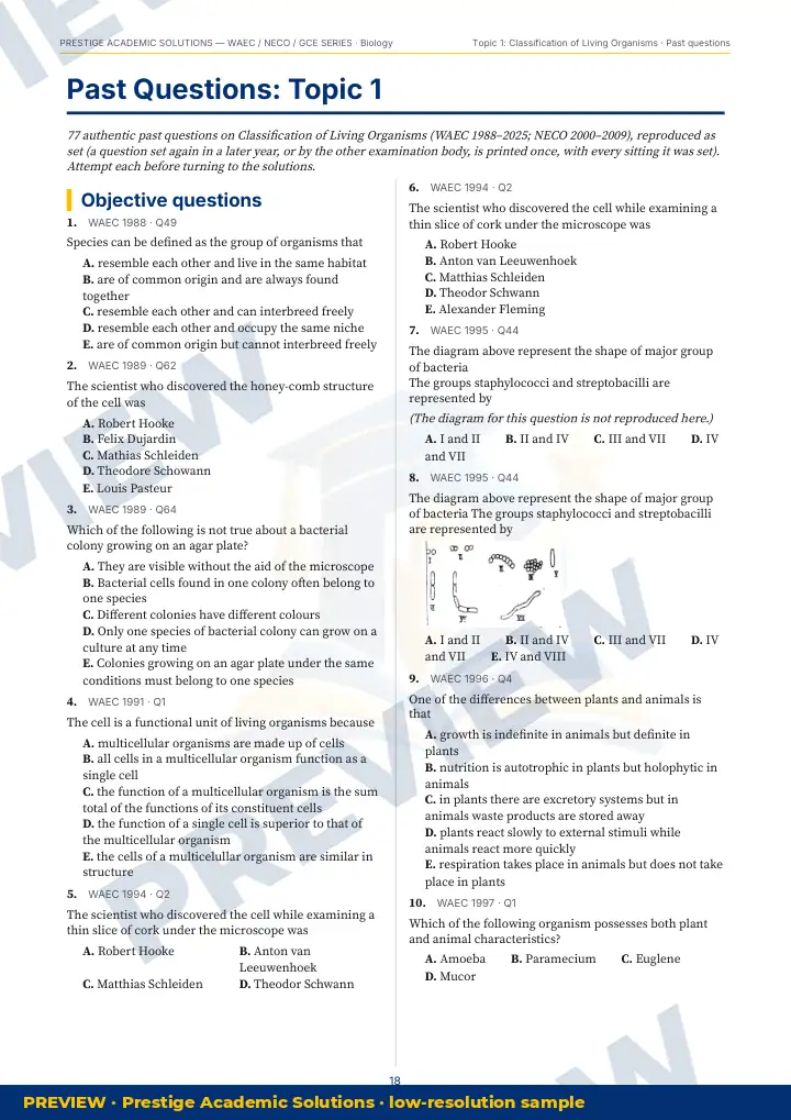 Preview page: Past questions, topic by topic — Biology — WAEC / NECO / GCE Series