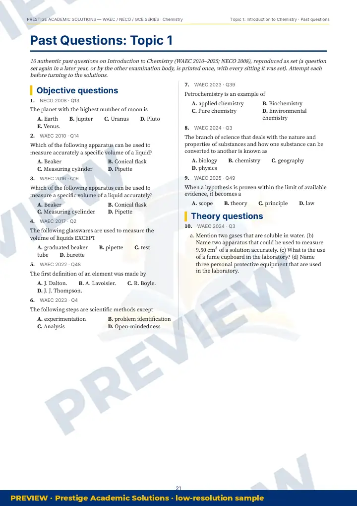 Preview page: Past questions, topic by topic — Chemistry — WAEC / NECO / GCE Series