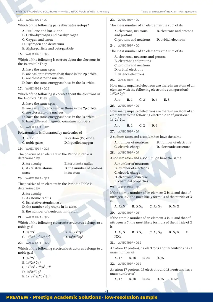 Preview page: Past questions with exam & year — Chemistry — WAEC / NECO / GCE Series