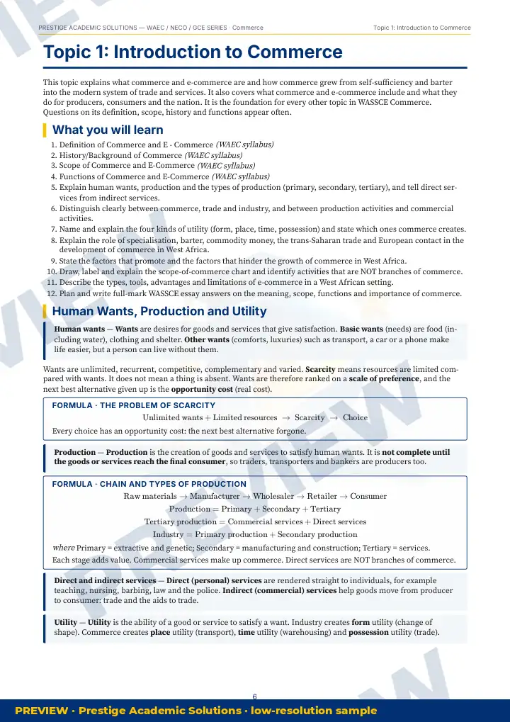 Preview page: Topic explanation — Commerce — WAEC / NECO / GCE Series