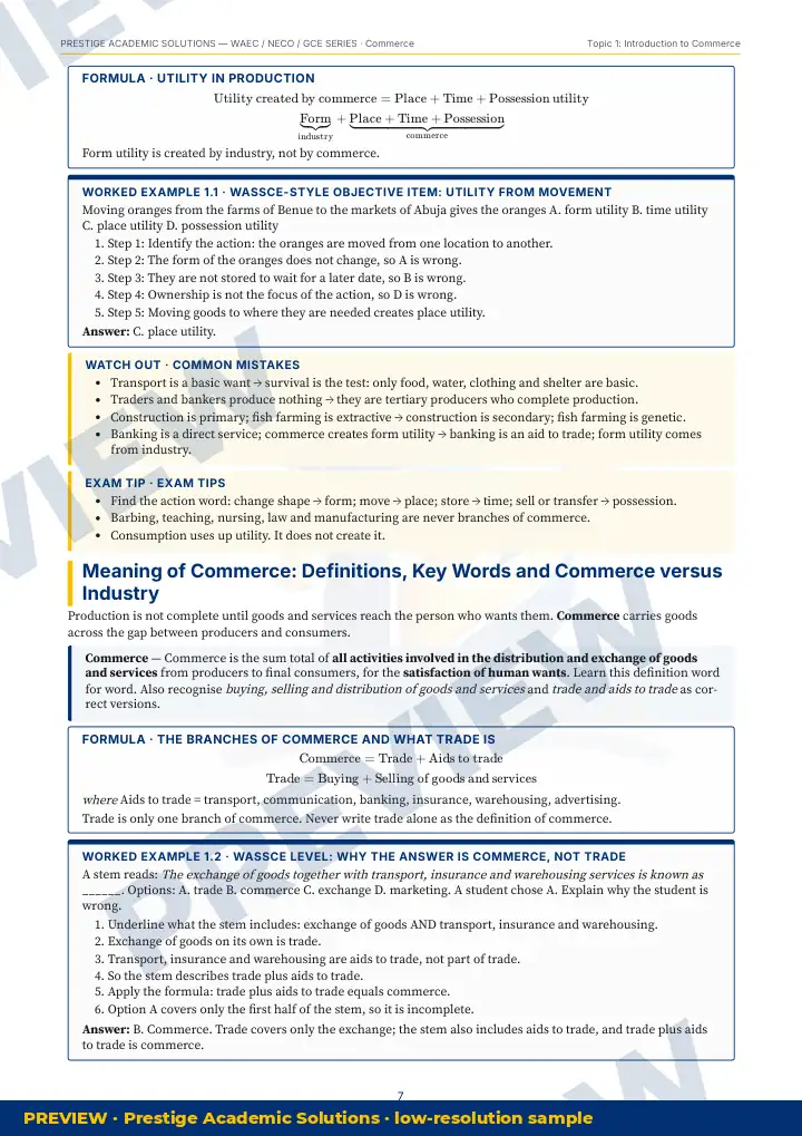 Preview page: Formulas & key rules — Commerce — WAEC / NECO / GCE Series