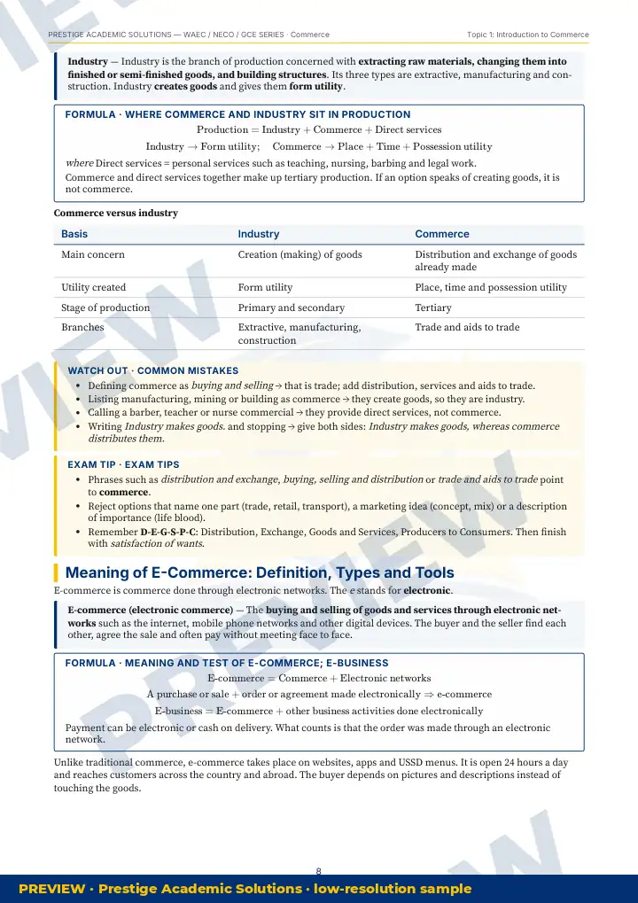 Preview page: Common mistakes — Commerce — WAEC / NECO / GCE Series