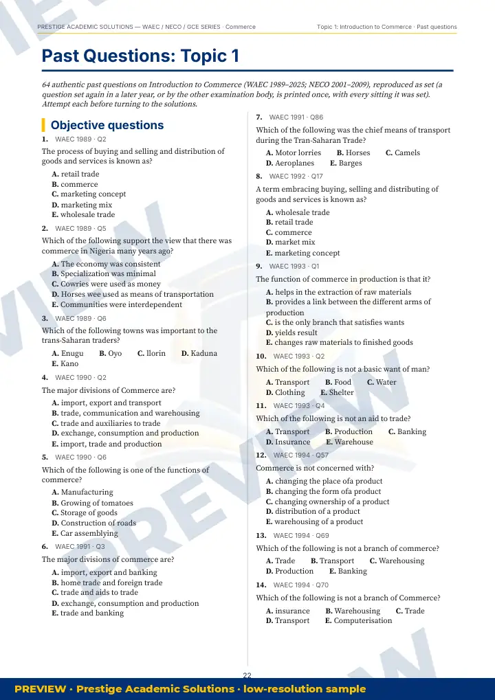 Preview page: Past questions, topic by topic — Commerce — WAEC / NECO / GCE Series