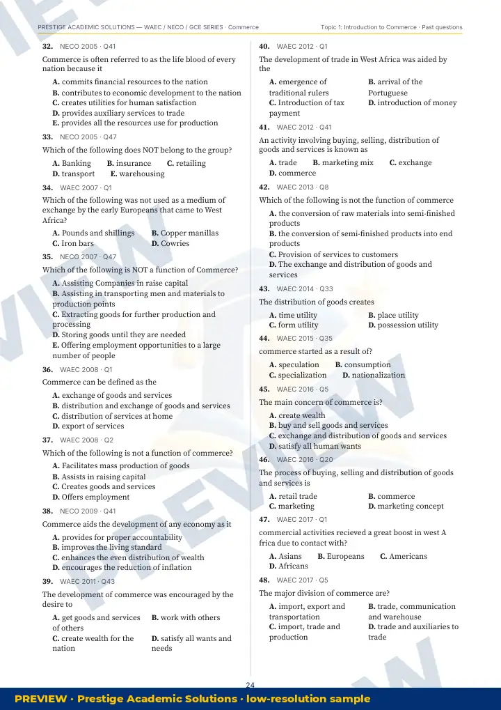 Preview page: Past questions with exam & year — Commerce — WAEC / NECO / GCE Series