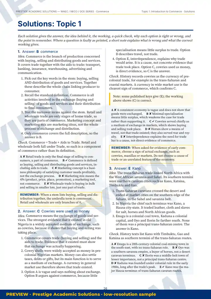 Preview page: Detailed solutions — Commerce — WAEC / NECO / GCE Series