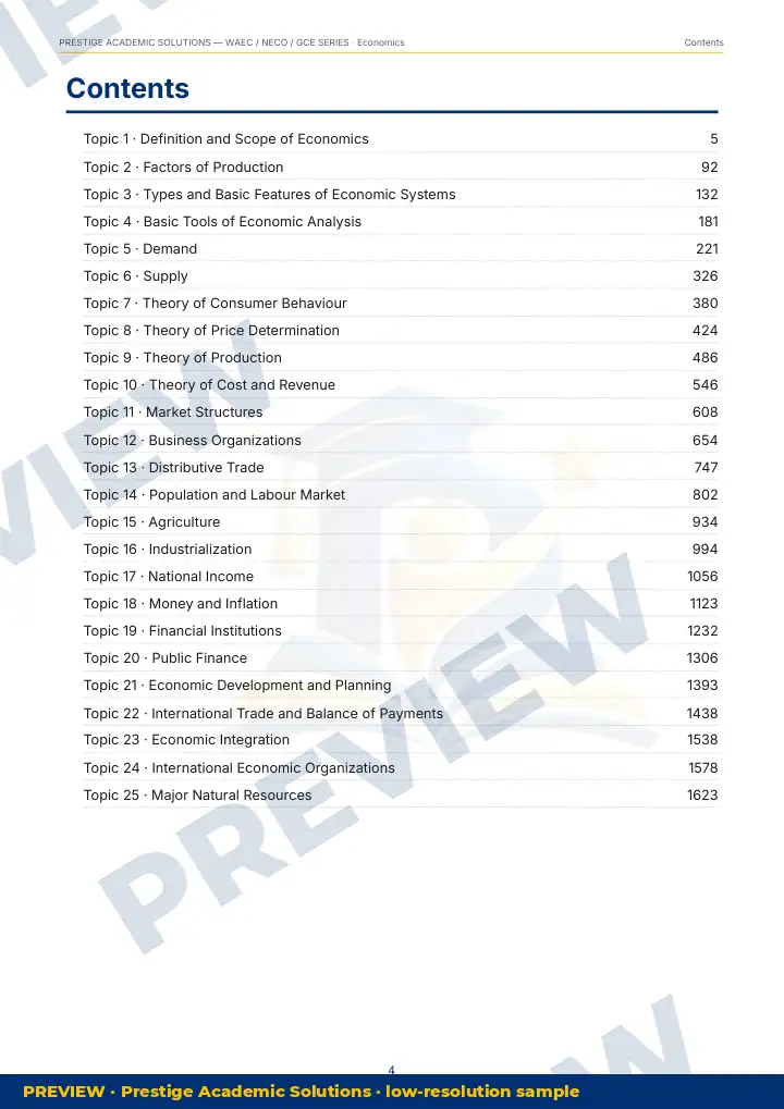 Preview page: Contents — Economics — WAEC / NECO / GCE Series
