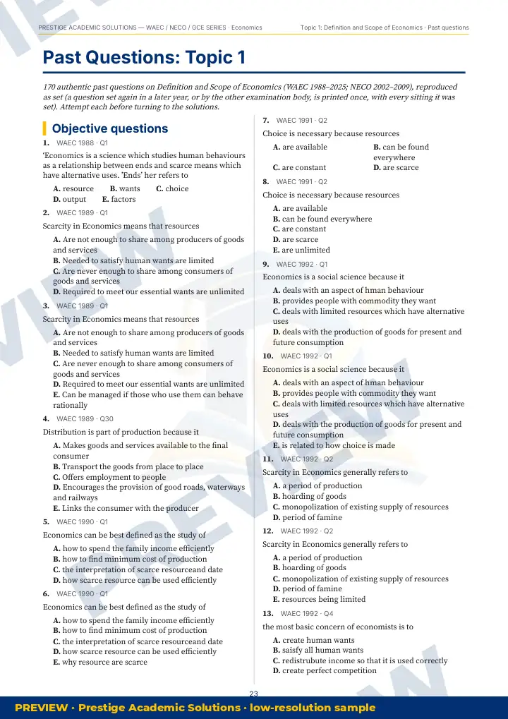 Preview page: Past questions, topic by topic — Economics — WAEC / NECO / GCE Series