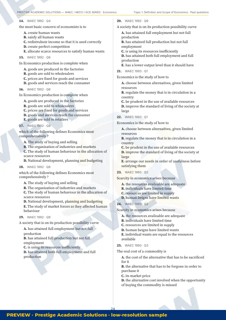 Preview page: Past questions with exam & year — Economics — WAEC / NECO / GCE Series