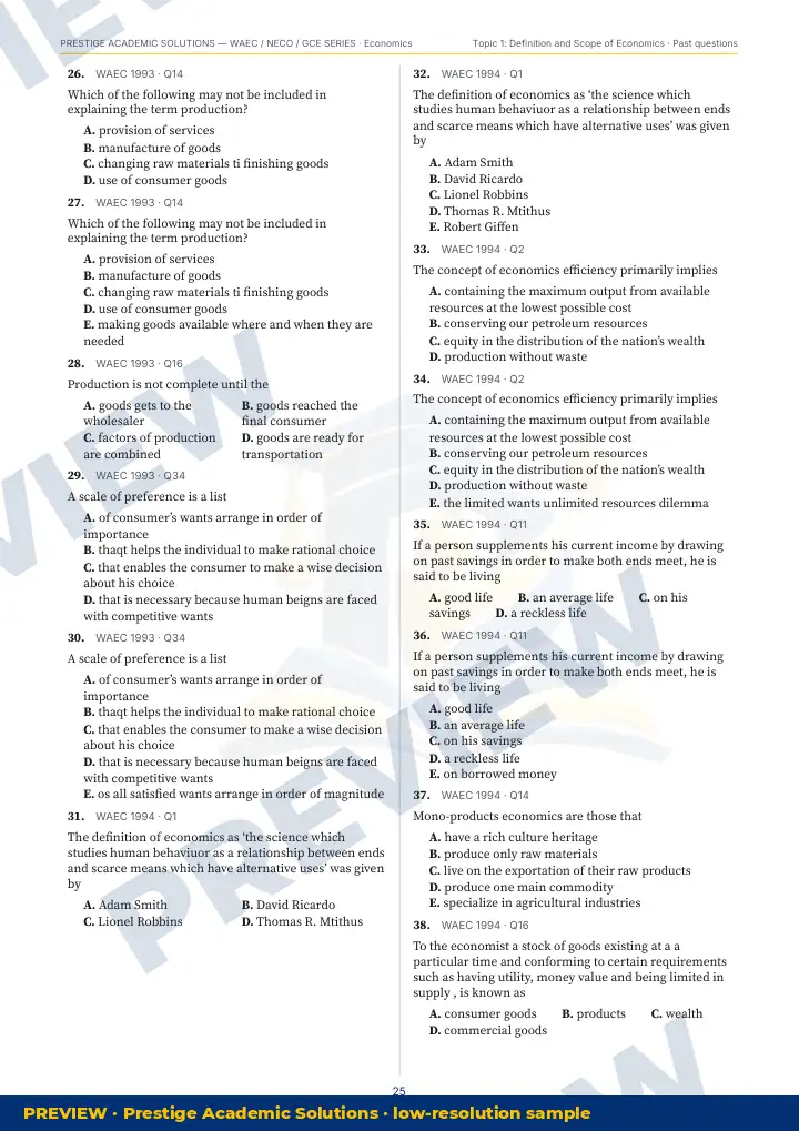 Preview page: Past questions with exam & year — Economics — WAEC / NECO / GCE Series