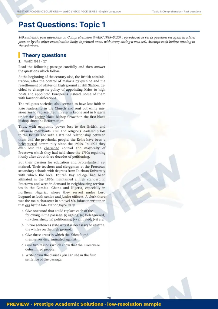 Preview page: Past questions, topic by topic — English Language — WAEC / NECO / GCE Series