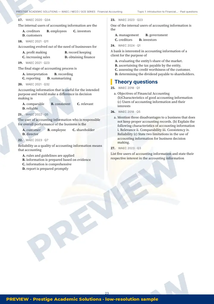Preview page: Past questions with exam & year — Financial Accounting — WAEC / NECO / GCE Series