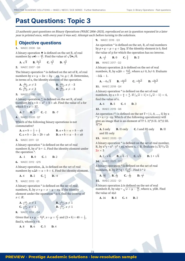 Preview page: Past questions with exam & year — Further Mathematics — WAEC / NECO / GCE Series