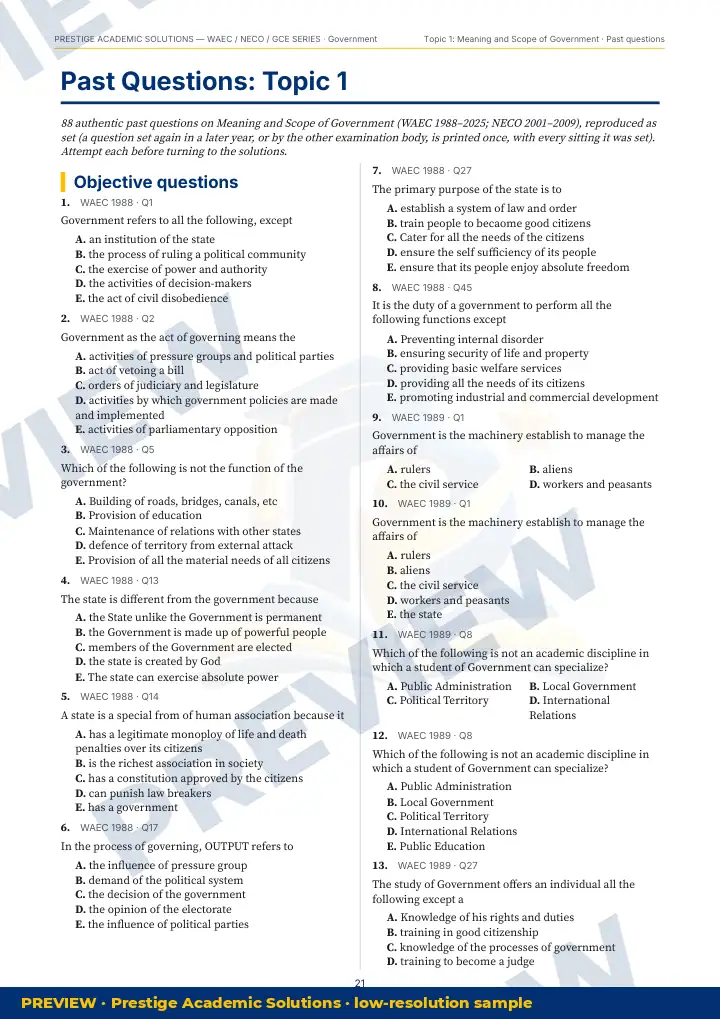 Preview page: Past questions, topic by topic — Government — WAEC / NECO / GCE Series
