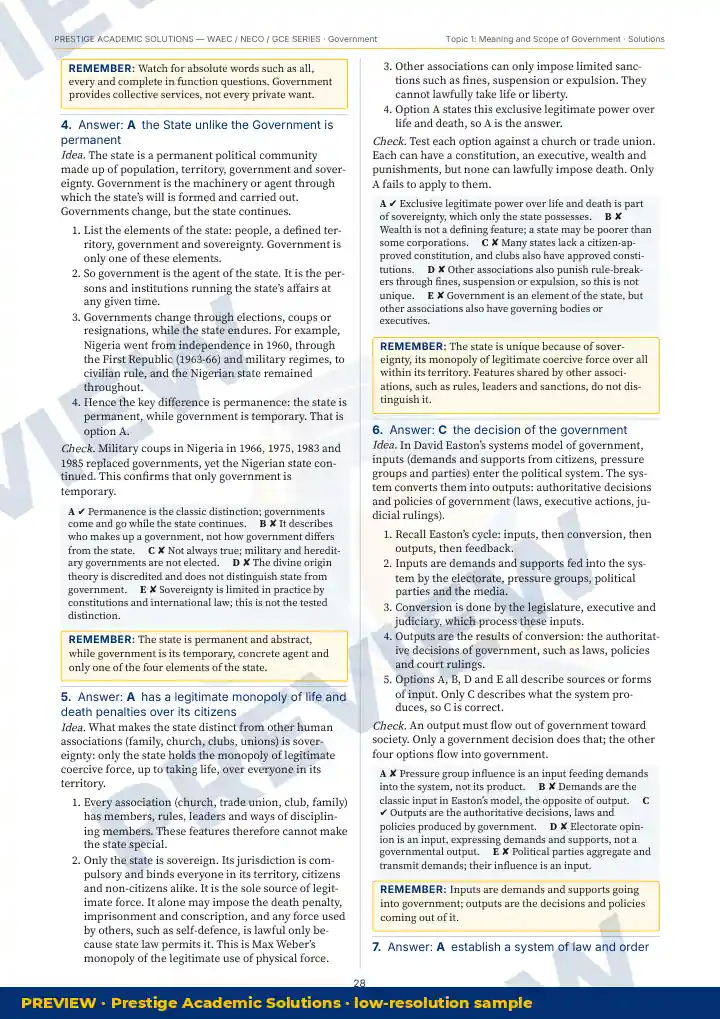 Preview page: Detailed solutions — Government — WAEC / NECO / GCE Series