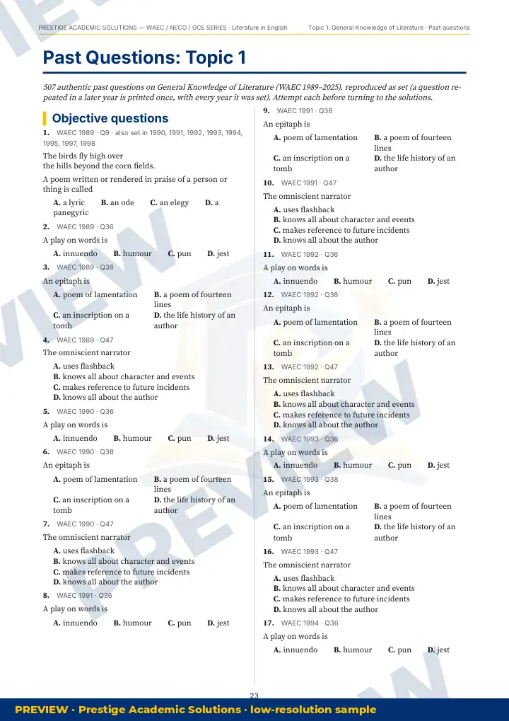 Preview page: Past questions, topic by topic — Literature in English — WAEC / NECO / GCE Series