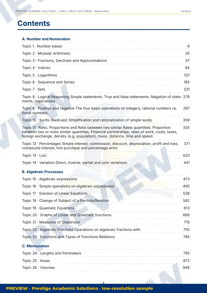 Preview page: Contents — Mathematics — WAEC / NECO / GCE Series
