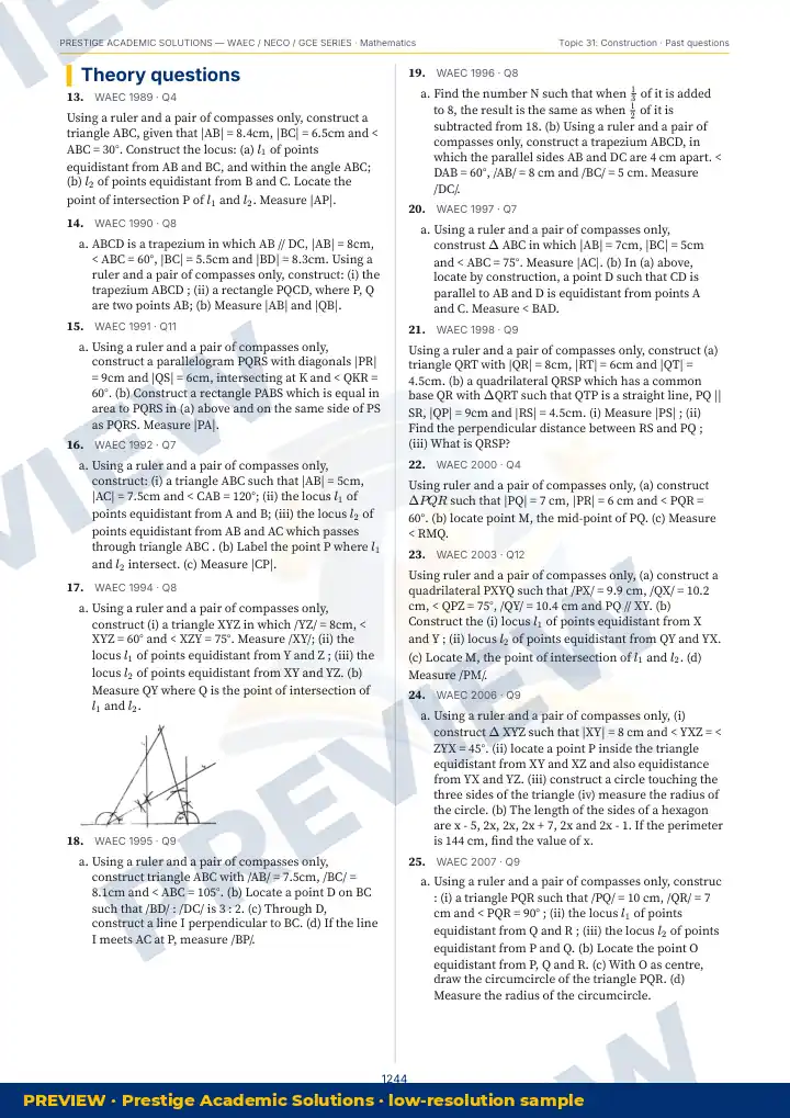 Preview page: Past questions with exam & year — Mathematics — WAEC / NECO / GCE Series