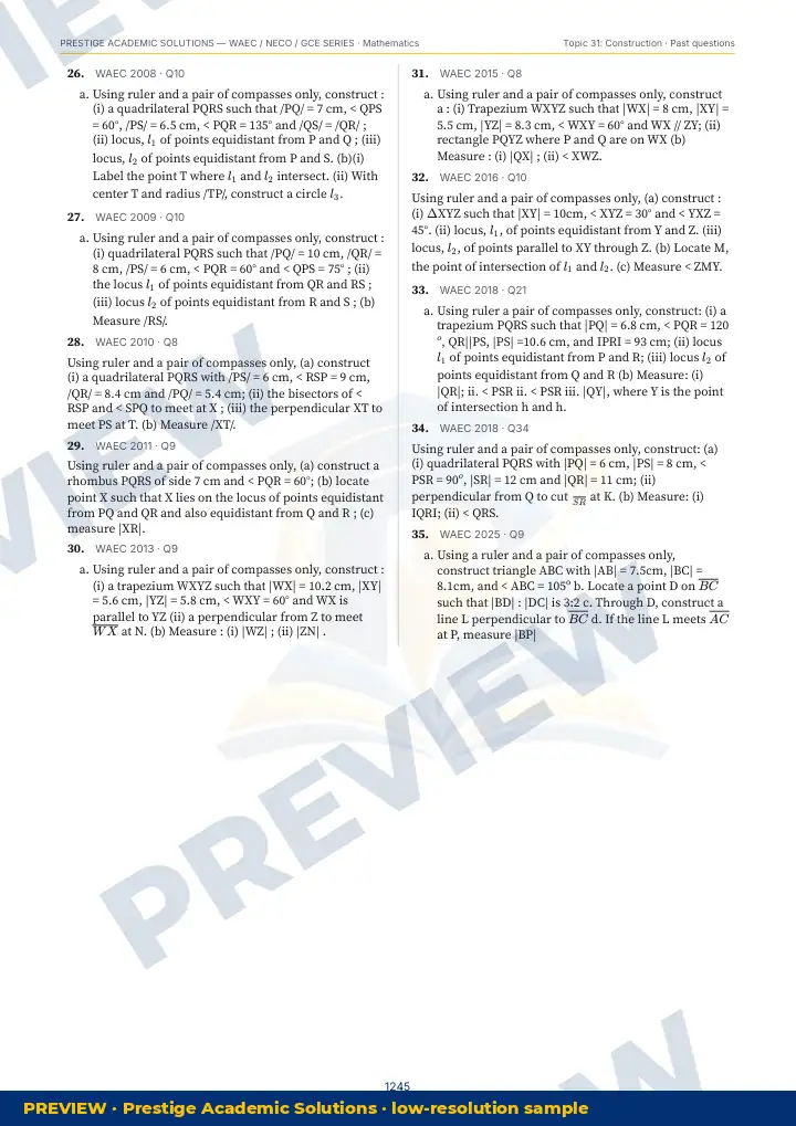 Preview page: Past questions with exam & year — Mathematics — WAEC / NECO / GCE Series