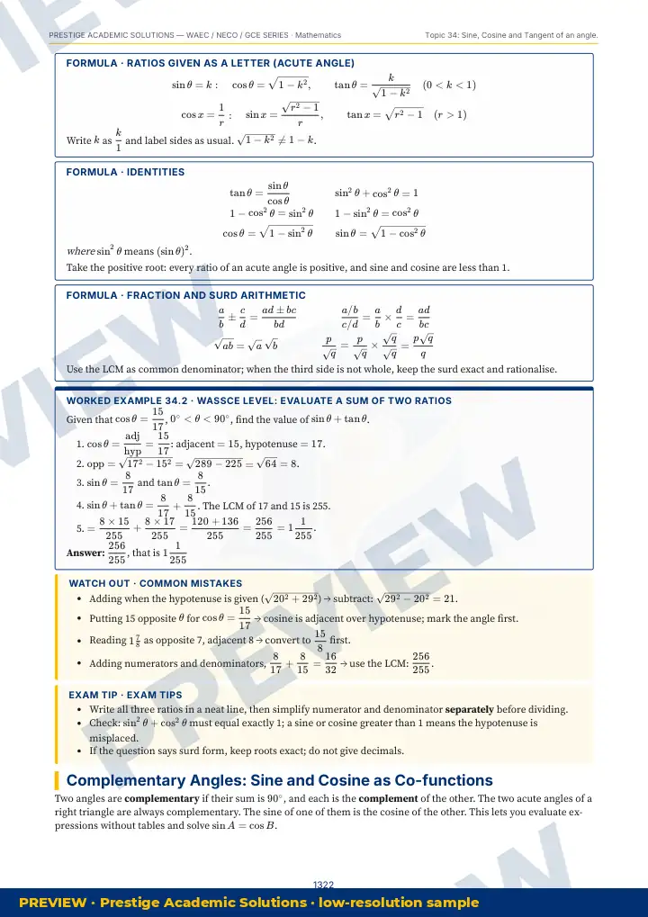 Preview page: Formulas & key rules — Mathematics — WAEC / NECO / GCE Series