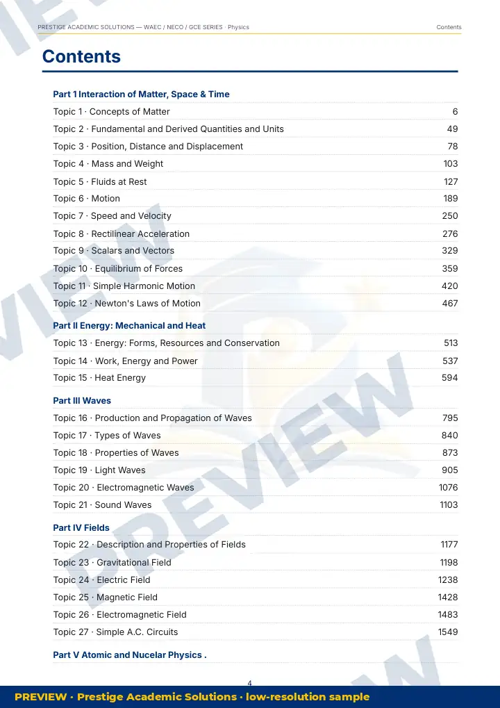Preview page: Contents — Physics — WAEC / NECO / GCE Series
