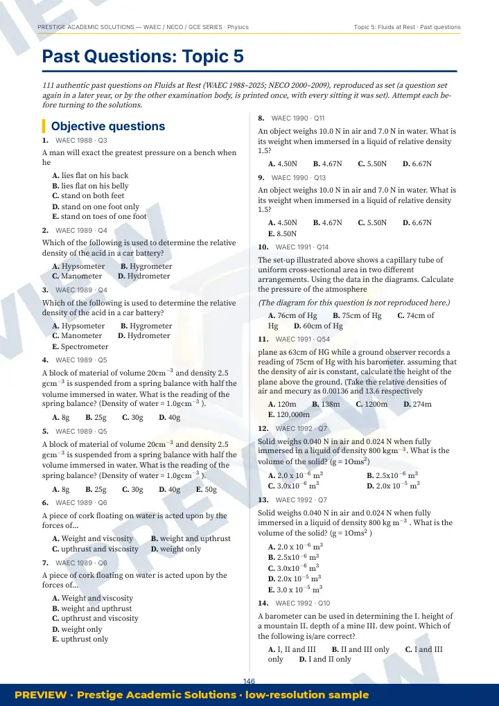 Preview page: Past questions, topic by topic — Physics — WAEC / NECO / GCE Series