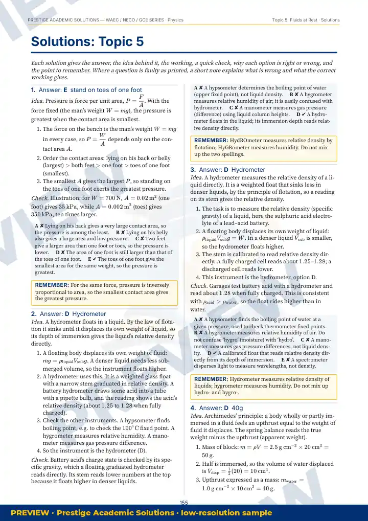 Preview page: Detailed solutions — Physics — WAEC / NECO / GCE Series
