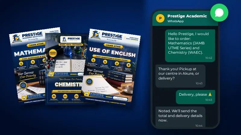 Prestige books beside a WhatsApp order chat